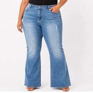 Blue Distressed High Waisted Flare Jeans Plus Size 3XL 18 Medium Wash Denim
